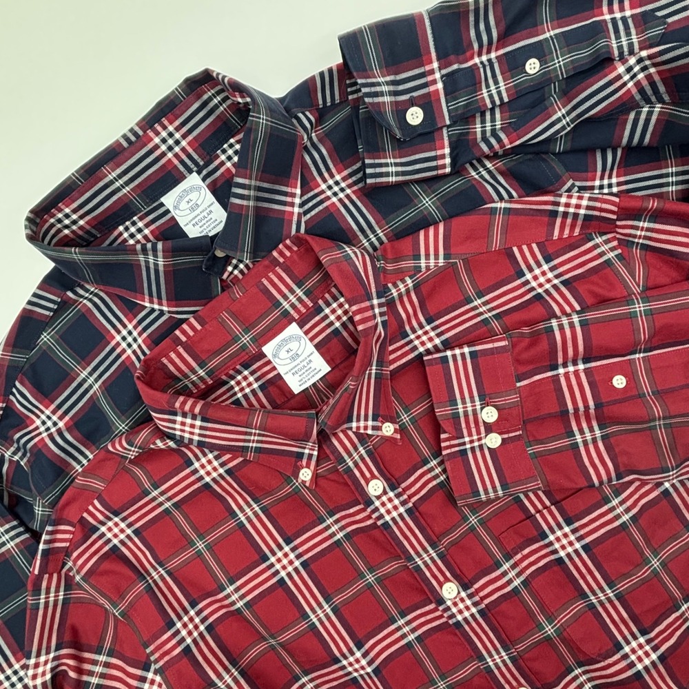 Lot of 2 Brooks Brothers 1818 Men's XL‎ Red Navy Plaid Button Down Shirt Regular